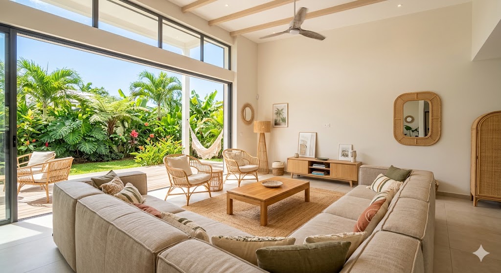 Salon moderne avec vue sur jardin tropical, canapé beige et mobilier en bois.