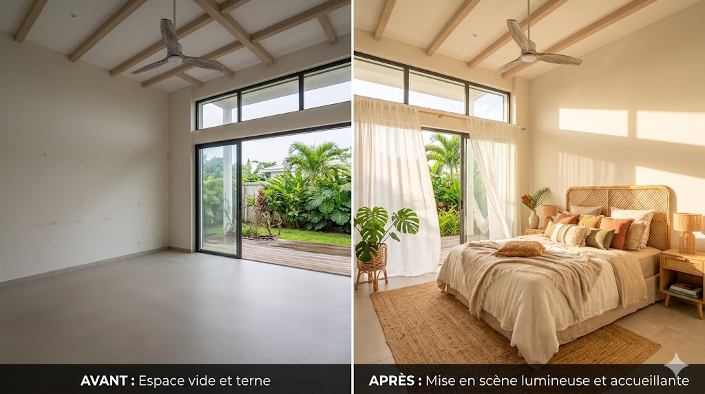 Avant-après d'une chambre vide transformée en espace chaleureux et décoré.
