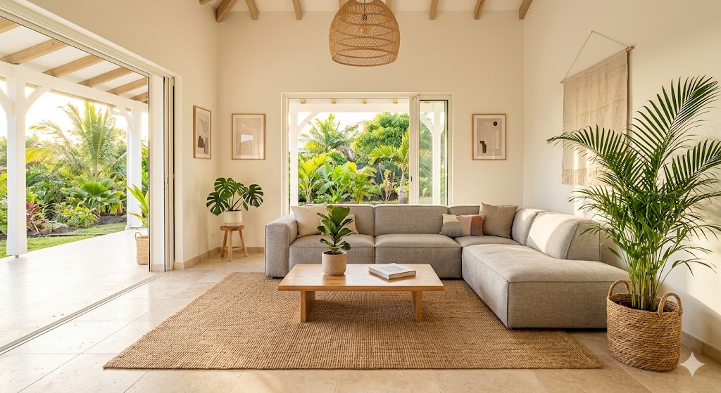 Salon lumineux avec canapé gris, plantes et vue sur jardin tropical.