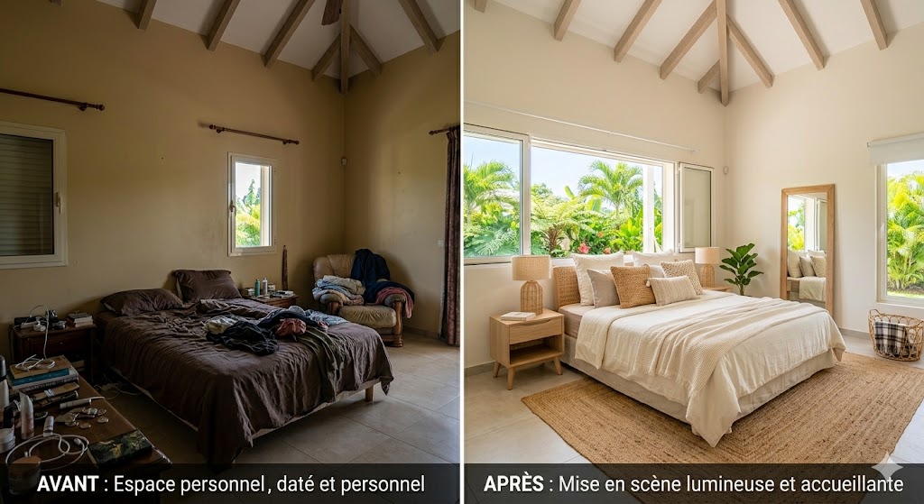 Chambre avant/après : transformation de sombre et encombrée à lumineuse et accueillante.