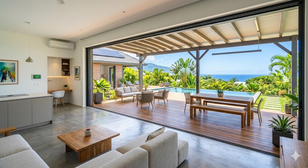 Intérieur moderne ouvert sur terrasse avec vue sur piscine et océan.