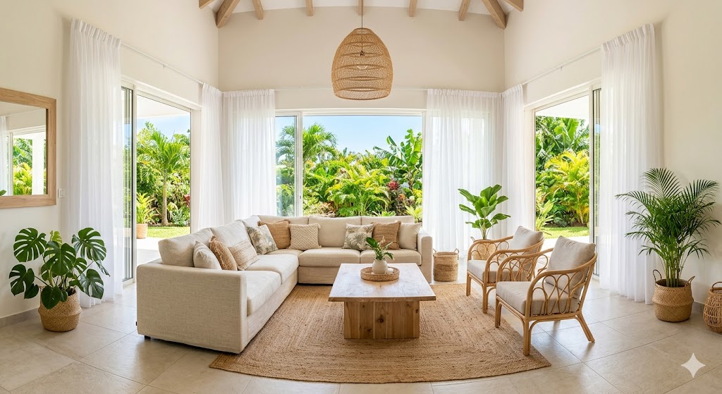Salon lumineux avec canapé beige, fauteuils en rotin et grandes fenêtres sur jardin tropical.