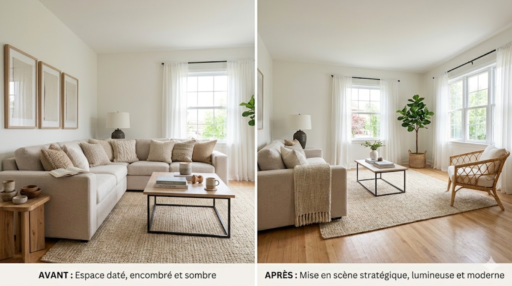 Salon avant et après relooking : sombre et encombré, puis lumineux et moderne.