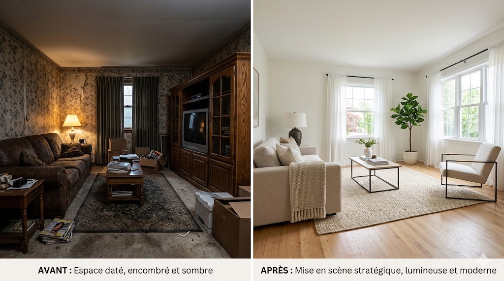 Deux salons avant/après : sombre et encombré, puis lumineux et moderne.