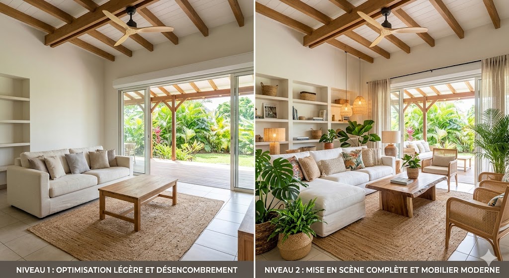 Salon avant et après décoration moderne avec mobilier et plantes.