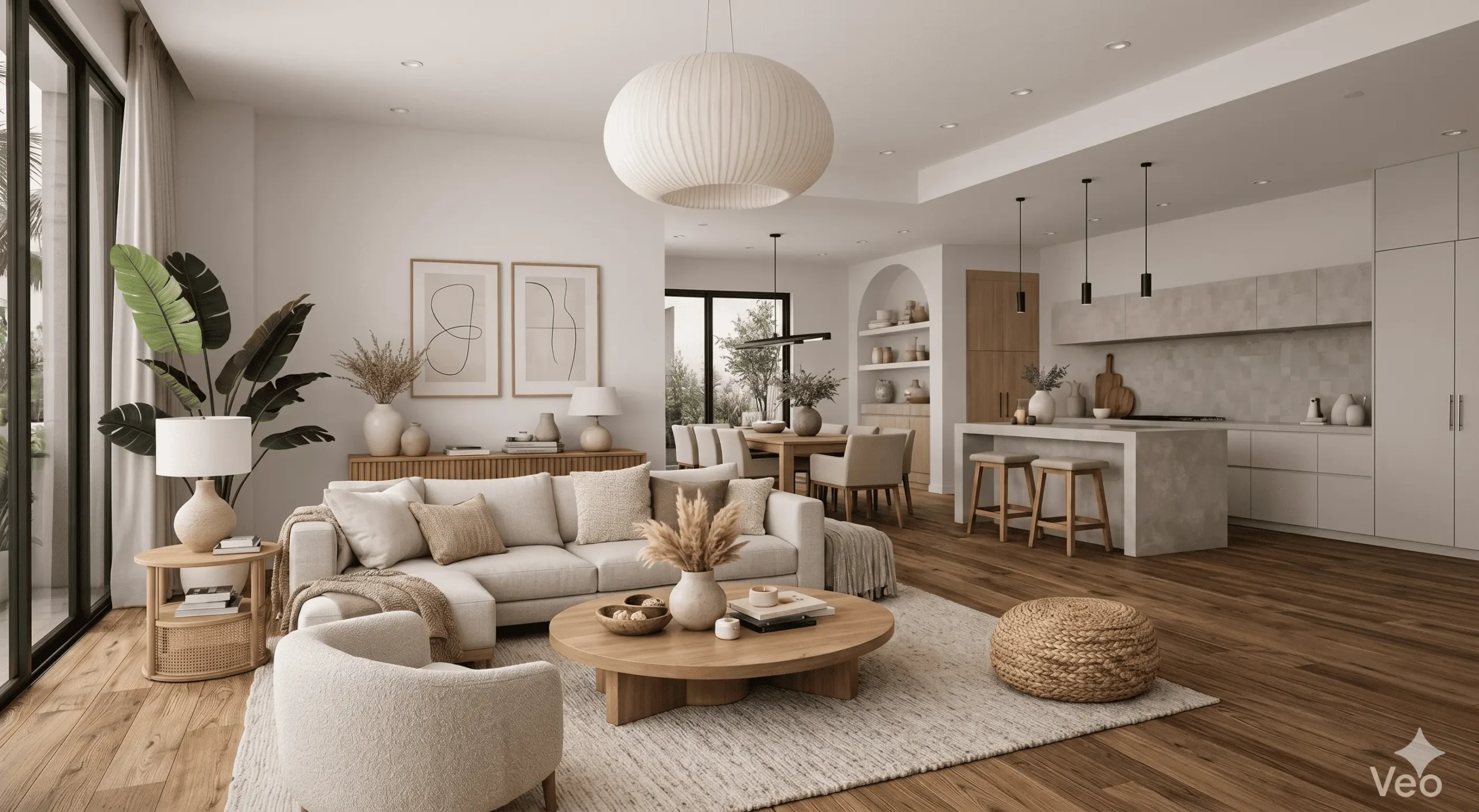 Salon moderne avec canapé beige, table basse en bois et cuisine ouverte.
