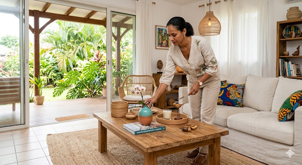 Une femme arrange une table basse dans un salon lumineux et ouvert sur un jardin.