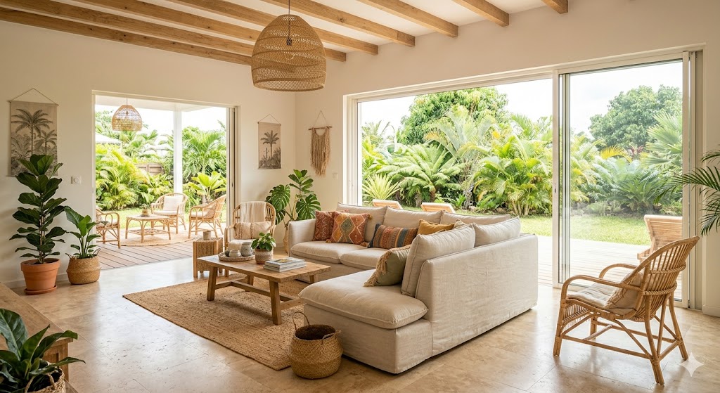 Salon lumineux avec canapé blanc, grandes fenêtres et vue sur jardin tropical.