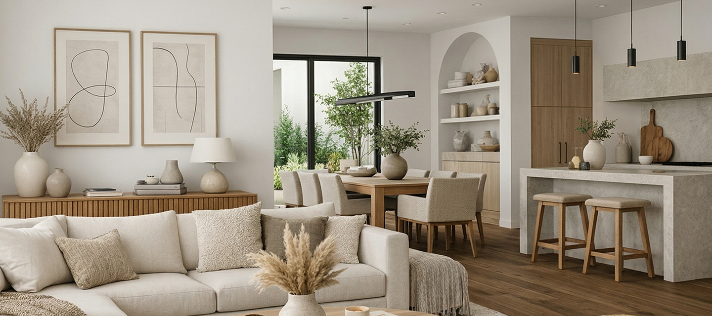 Salon moderne avec déco minimaliste, tons neutres, et mobilier en bois clair.