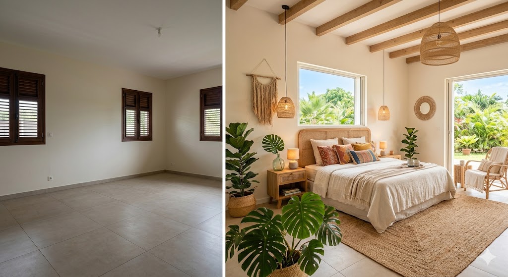 Chambre vide transformée en espace lumineux et décoré avec lit et plantes.