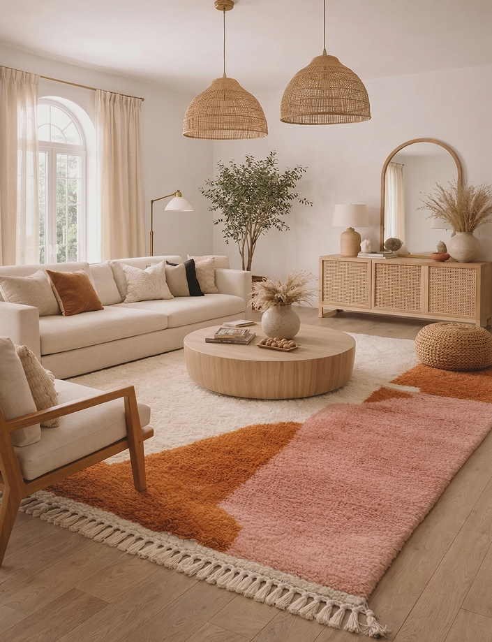 Salon moderne avec canapé beige, tapis coloré et luminaires en osier.