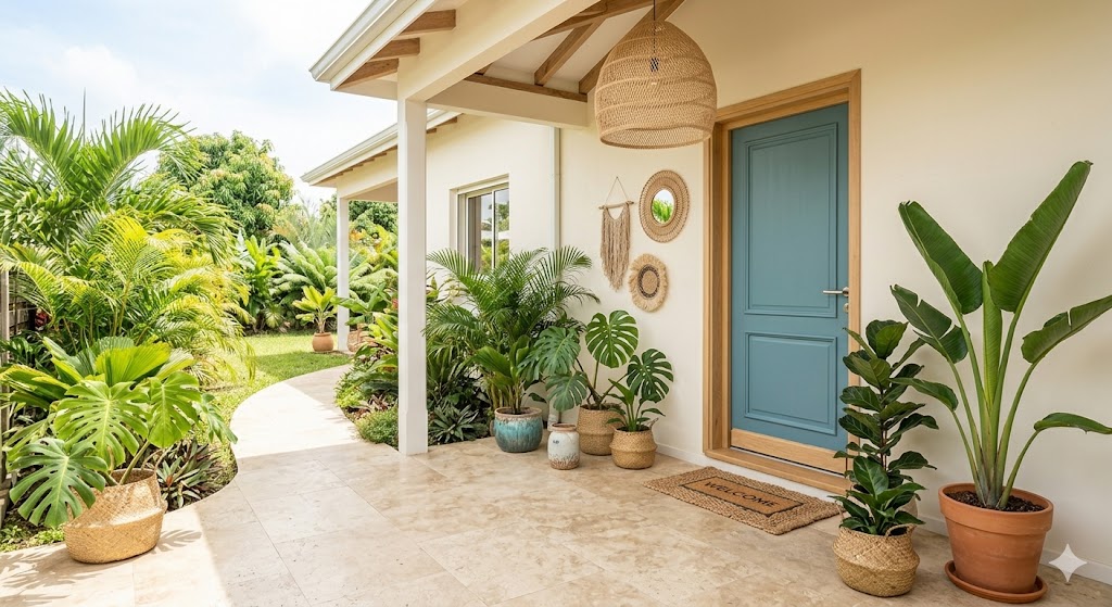 Entrée de maison avec porte bleue, plantes en pot et décoration murale tressée.