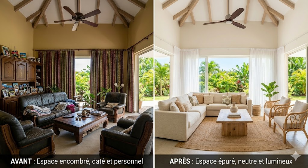 Salon avant et après rénovation : encombré à épuré et lumineux.