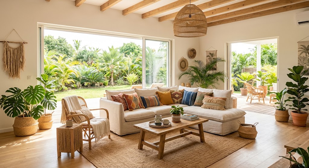 Salon lumineux avec canapé blanc, plantes vertes et grande baie vitrée sur jardin.