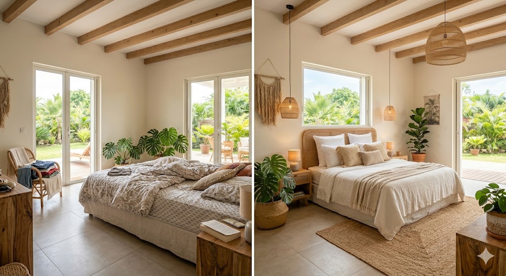 Chambre avant et après rangement, avec lit et décoration naturelle.