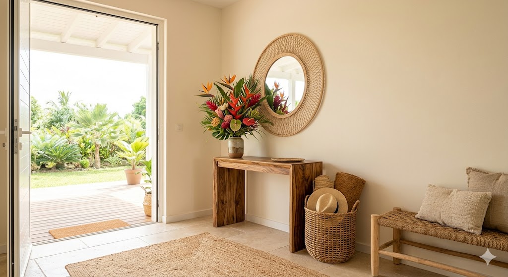 Entrée lumineuse avec miroir rond, fleurs tropicales et vue sur jardin.
